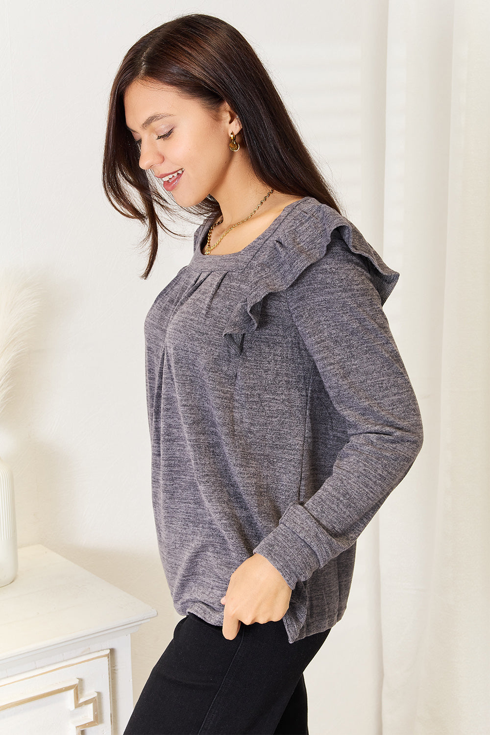 Double Take Square Neck Ruffle Shoulder Long Sleeve T-Shirt Apparel/Tops Double Take Ship from USA TikTok Tops Trendsi USPS Walmart Walmart Apparel Trendsi https://www.cyberehub.com