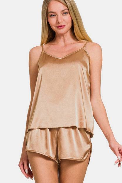 Zenana V-Neck Satin Cami and Elastic Waist Shorts Lounge Set Brush Apparel Apparel Ship from USA TikTok Trendsi Zenana Trendsi https://www.cyberehub.com