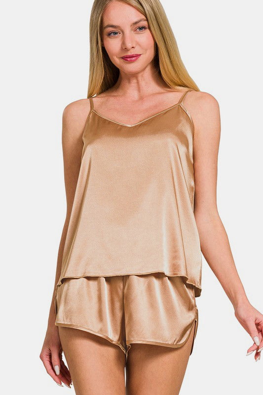 Zenana V-Neck Satin Cami and Elastic Waist Shorts Lounge Set Brush Apparel Apparel Ship from USA TikTok Trendsi Zenana Trendsi https://www.cyberehub.com