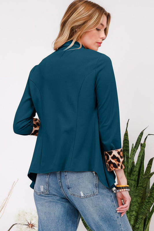 Celeste Full Size Rolled Leopard Cuff Open Front Blazer Tops/Jackets/Sweaters Celeste Clothing Tops Ship from USA TikTok Trendsi USPS Walmart Trendsi https://www.cyberehub.com