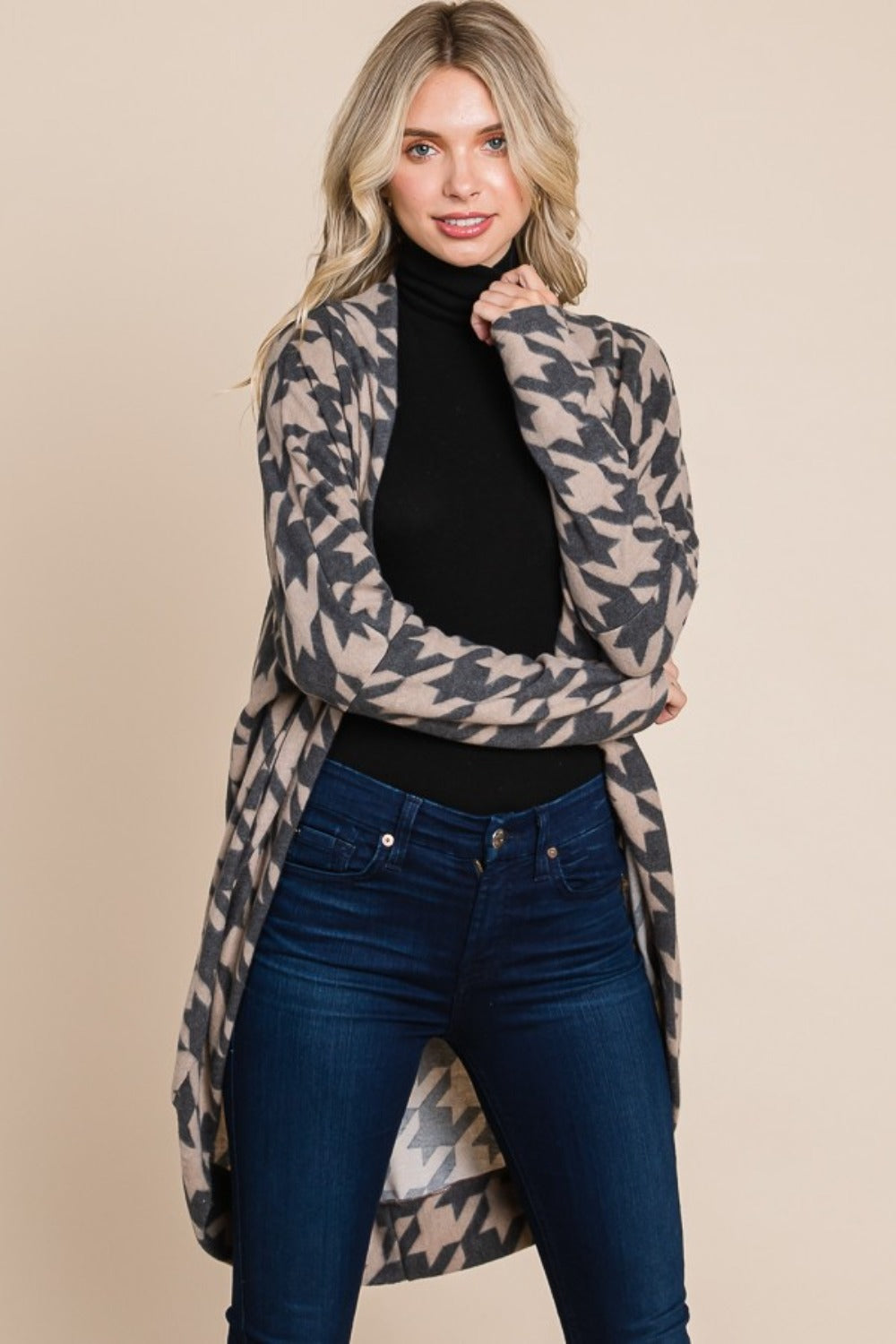 BOMBOM Houndstooth Open Front Cocoon Knit Cardigan Shirt Apparel BOMBOM Clothing Tops Ship from USA Shirts USA Women Trendsi https://www.cyberehub.com
