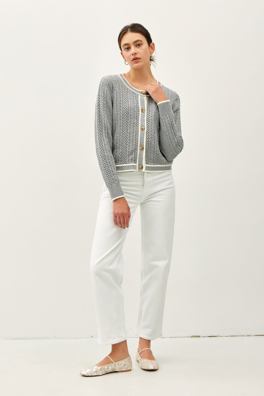 Be Cool Cable Knit Long Sleeve Contrast Edge Cardigan Tops/Jackets/Sweaters BE COOL Clothing Tops Ship from USA TikTok Trendsi USPS Walmart Trendsi https://www.cyberehub.com