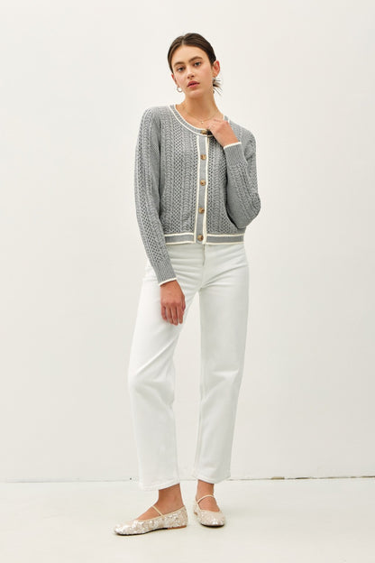 Be Cool Cable Knit Long Sleeve Contrast Edge Cardigan Tops/Jackets/Sweaters BE COOL Clothing Tops Ship from USA TikTok Trendsi USPS Walmart Trendsi https://www.cyberehub.com