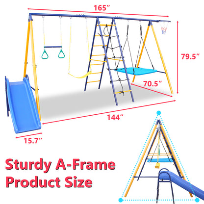 500 lbs 7 in 1 Swing Set for Kids Backyard Outdoor A-Frame Heavy-Duty Metal Swing Sets with Slide, 2 Swing Seats, 1 Climbing Net & Ladder, 1 Gym Ring, 1 Basket Giga GNJ Kids Toys Giga https://www.cyberehub.com