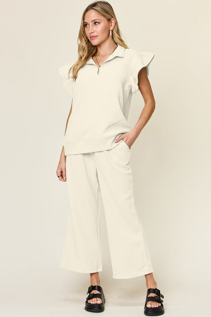 Double Take Texture Ruffle Short Sleeve Top and Drawstring Wide Leg Pants Set Cream Apparel/Tops Double Take Ship from USA TikTok Tops Trendsi USPS Walmart Walmart Apparel Trendsi https://www.cyberehub.com