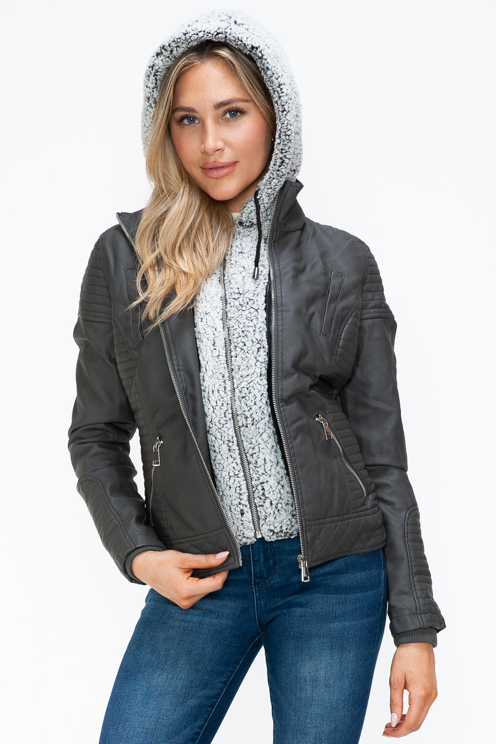 YMI Faux Layered Double-Zipper Jacket with Fuzzy Hood Tops/Jackets/Sweaters Clothing Tops Ship from USA TikTok Trendsi USPS Walmart YMI outerwear Trendsi https://www.cyberehub.com