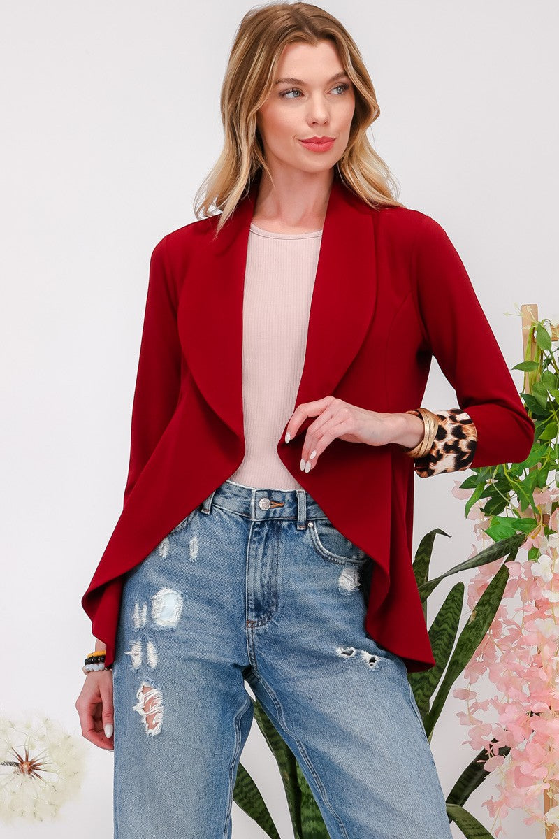 Celeste Full Size Rolled Leopard Cuff Open Front Blazer Burgundy Tops/Jackets/Sweaters Celeste Clothing Tops Ship from USA TikTok Trendsi USPS Walmart Trendsi https://www.cyberehub.com