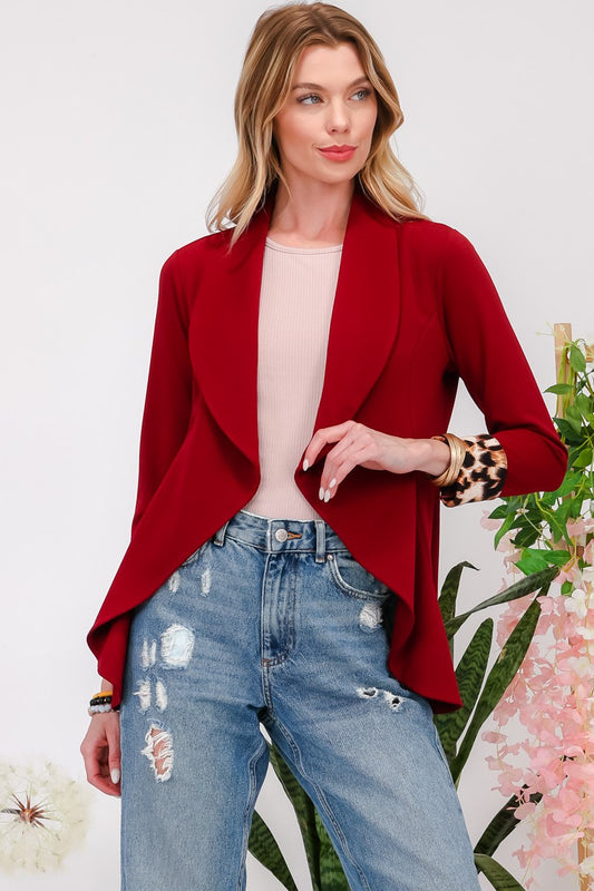 Celeste Full Size Rolled Leopard Cuff Open Front Blazer Burgundy Tops/Jackets/Sweaters Celeste Clothing Tops Ship from USA TikTok Trendsi USPS Walmart Trendsi https://www.cyberehub.com