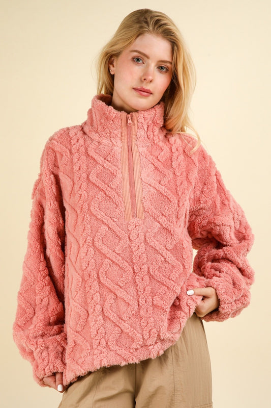 VERY J Fuzzy Fleece Half Zip Cable Pattern Sweatshirt Blush Tops/Jackets/Sweaters Clothing Tops Ship from USA TikTok Trendsi USPS VERY J Walmart Trendsi https://www.cyberehub.com