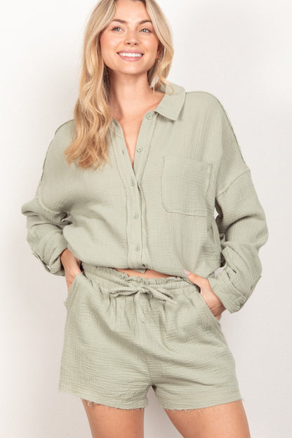 VERY J Texture Button Up Shirt and Shorts Set Sage Apparel/Tops Ship from USA TikTok Tops Trendsi USPS VERY J Walmart Walmart Apparel Trendsi https://www.cyberehub.com