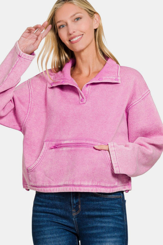 Zenana Acid Wash Fleece Half Snap Sweatshirt with Pocket Mauve Tops/Jackets/Sweaters Clothing Tops Ship from USA TikTok Trendsi USPS Walmart Zenana Trendsi https://www.cyberehub.com