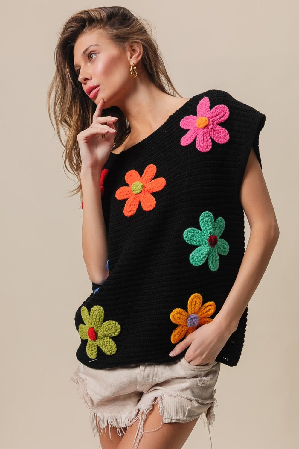 BiBi Flower Round Neck Cap Sleeve Knit Top Shirt Apparel BiBi Clothing Tops Ship from USA Shirts USA Women Trendsi https://www.cyberehub.com