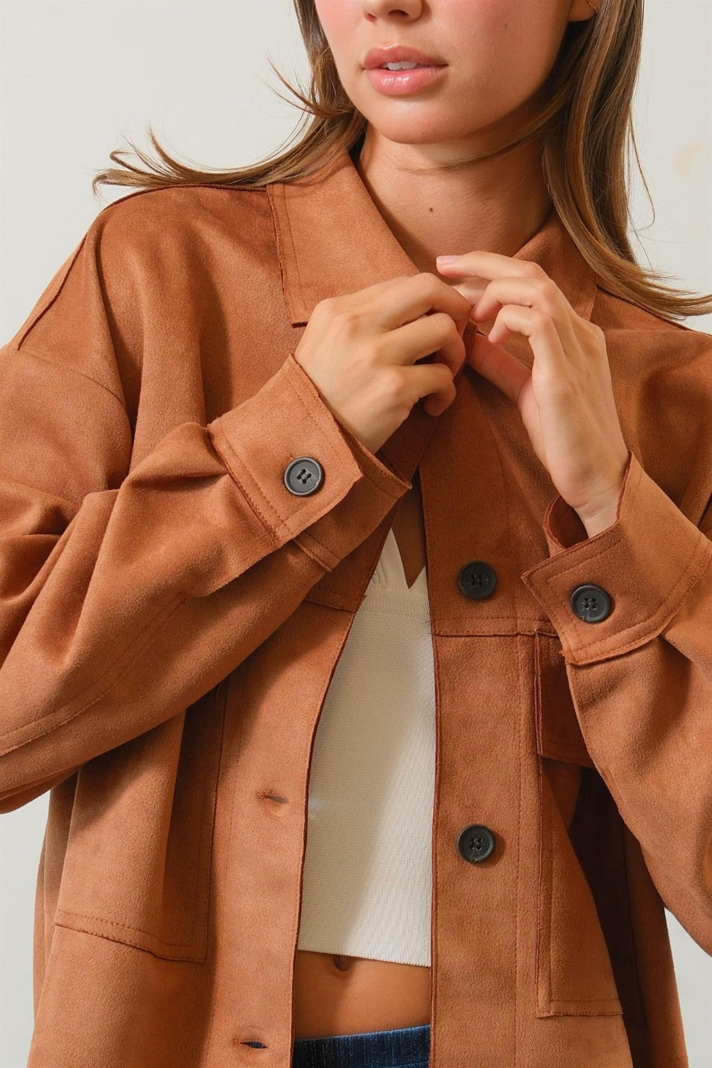 HYFVE Suede Button Down Cropped Jacket Shirt Apparel Clothing Tops HYFVE Ship from USA Shirts USA Women Trendsi https://www.cyberehub.com