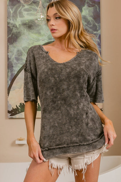 BiBi Washed Notched Short Sleeve Top Tops/Jackets/Sweaters BiBi Clothing Tops Ship from USA TikTok Trendsi USPS Walmart Trendsi https://www.cyberehub.com