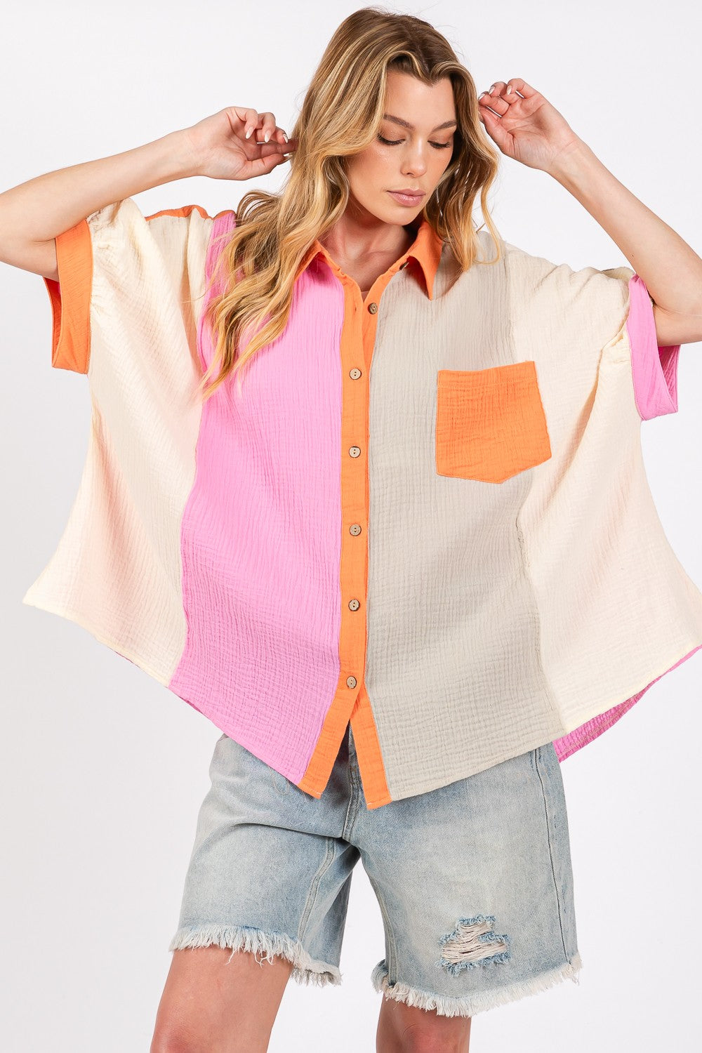 SAGE + FIG Full Size Color Block Button-Down Shirt Tops/Jackets/Sweaters Clothing Tops SAGE+FIG Ship from USA TikTok Trendsi USPS Walmart Trendsi https://www.cyberehub.com