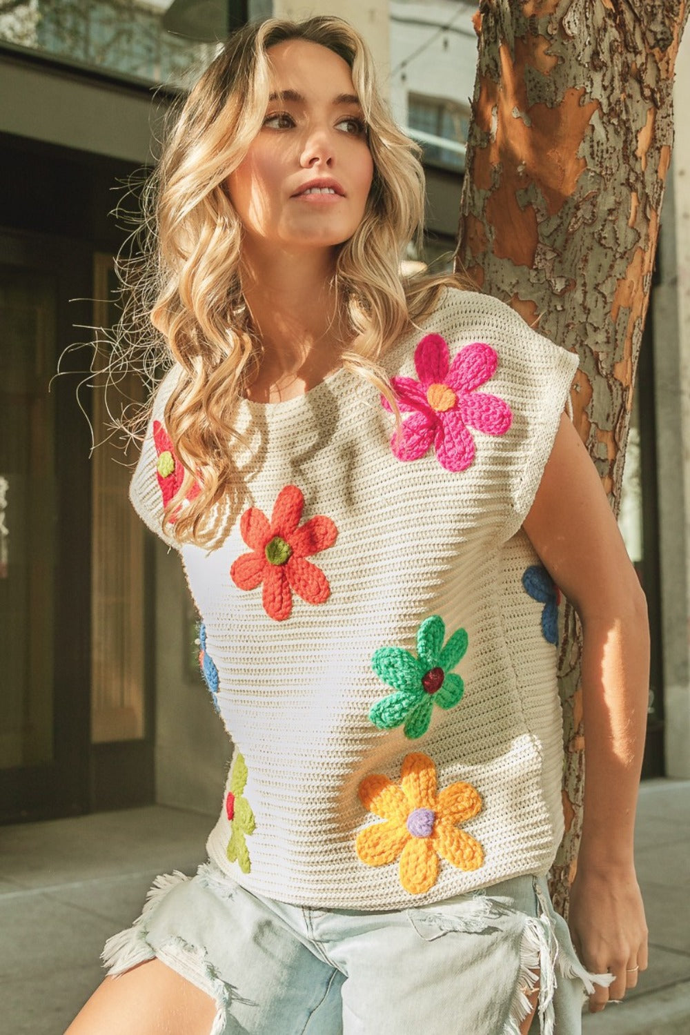 BiBi Flower Round Neck Cap Sleeve Knit Top Shirt Apparel BiBi Clothing Tops Ship from USA Shirts USA Women Trendsi https://www.cyberehub.com