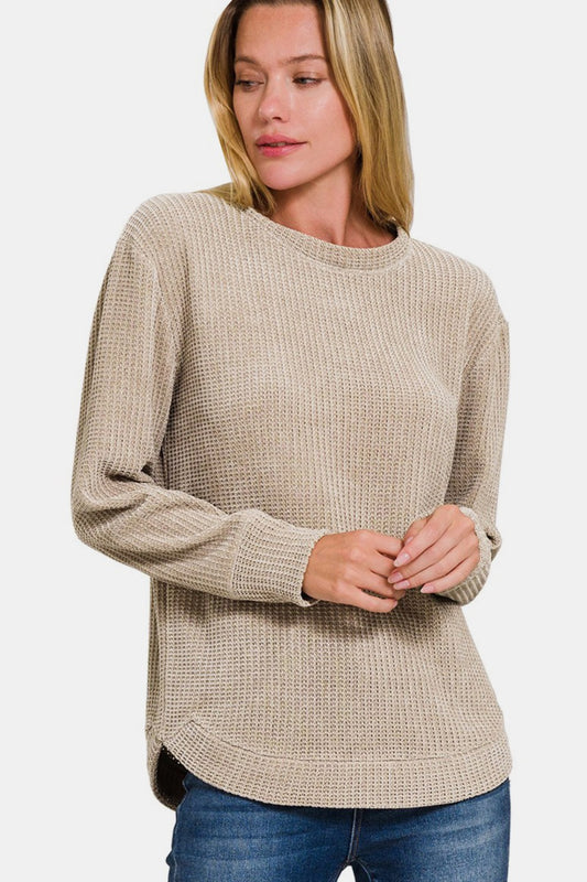 Zenana Chenille Waffle Round Neck Sweater Ash Mocha Shirt Apparel Clothing Tops Ship from USA Shirts USA Women Zenana Trendsi https://www.cyberehub.com