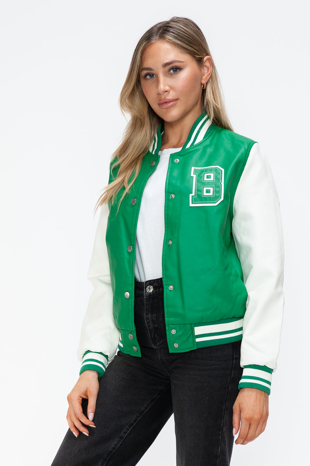 Love Me Now PU Leather Contrast Snap Down Bomber Jacket Tops/Jackets/Sweaters Clothing Tops Love Me Now Ship from USA TikTok Trendsi USPS Walmart Trendsi https://www.cyberehub.com