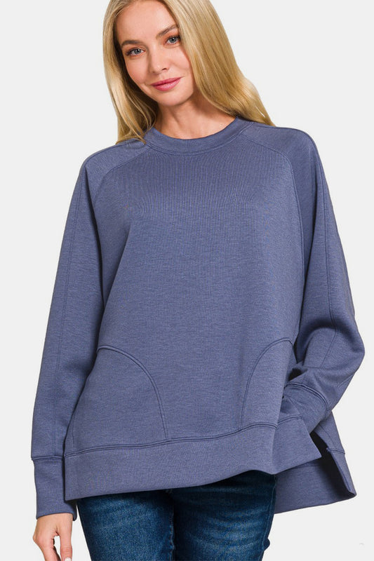 Zenana Scuba Round Neck Side Slit Sweatshirt Blue Indigo Tops/Jackets/Sweaters Clothing Tops Ship from USA TikTok Trendsi USPS Walmart Zenana Trendsi https://www.cyberehub.com