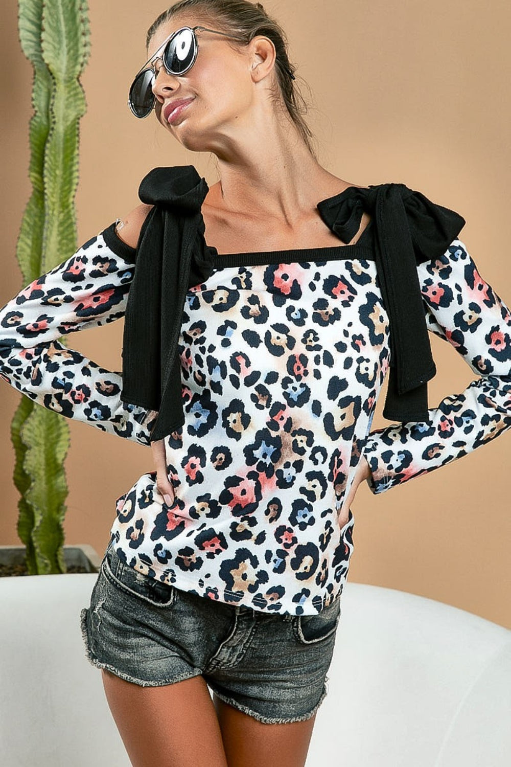 BiBi Leopard Shoulder Tie Long Sleeve Top Tops/Jackets/Sweaters BiBi Clothing Tops Ship from USA TikTok Trendsi USPS Walmart Trendsi https://www.cyberehub.com