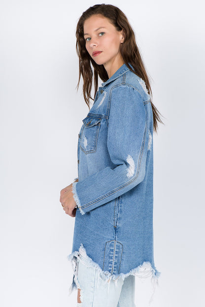 American Bazi Distressed Frayed Hem Denim Jacket Tops/Jackets/Sweaters American Bazi Clothing Tops Ship from USA TikTok Trendsi USPS Walmart Trendsi https://www.cyberehub.com