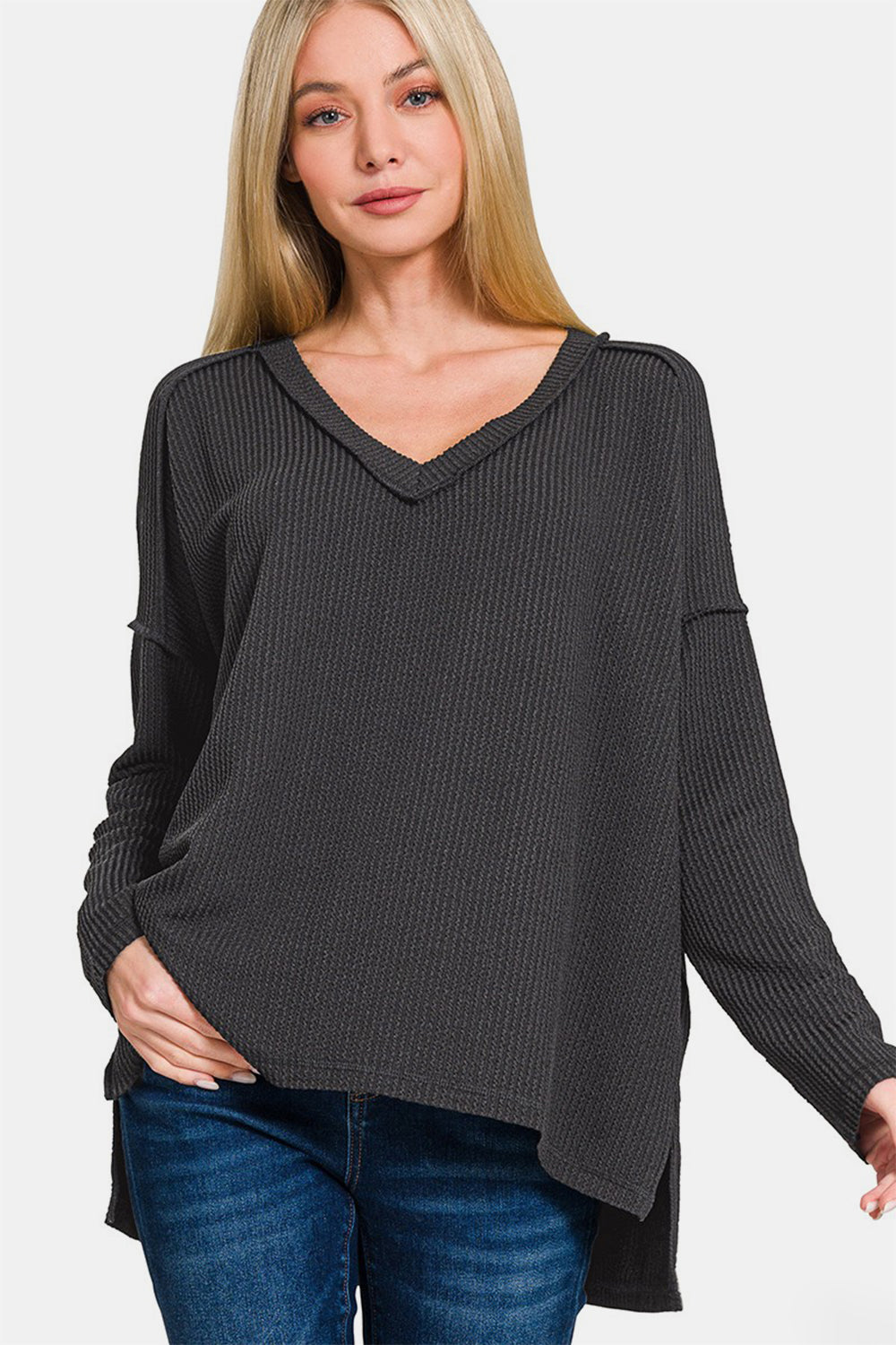 Zenana Texture Exposed Seam V-Neck Long Sleeve T-Shirt Black Apparel/Tops Ship from USA TikTok Tops Trendsi USPS Walmart Walmart Apparel Zenana Trendsi https://www.cyberehub.com