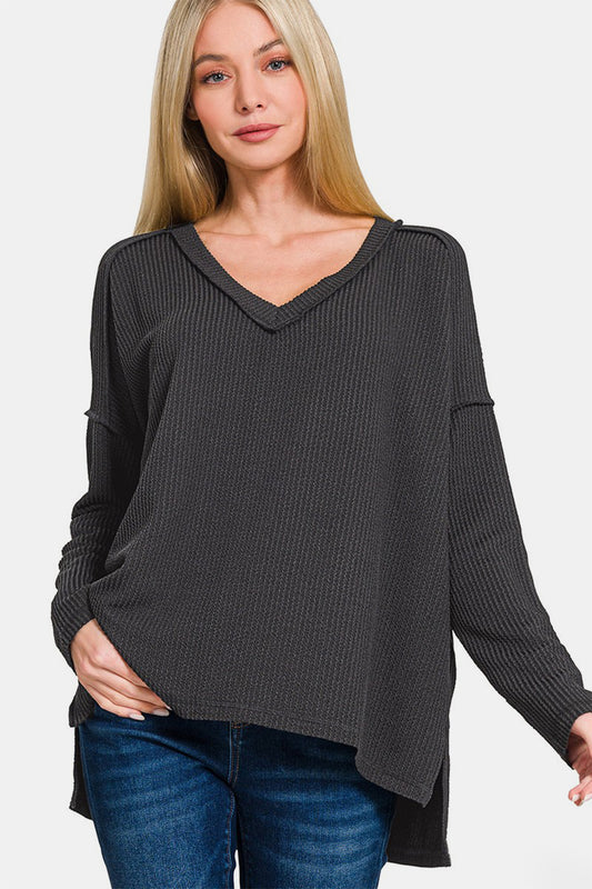 Zenana Texture Exposed Seam V-Neck Long Sleeve T-Shirt Black Apparel/Tops Ship from USA TikTok Tops Trendsi USPS Walmart Walmart Apparel Zenana Trendsi https://www.cyberehub.com