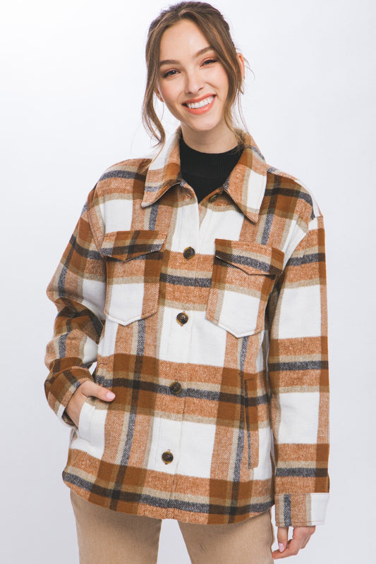 Love Tree Plaid Button Up Shacket Clay Tops/Jackets/Sweaters Clothing Tops LOVE TREE Ship from USA TikTok Trendsi USPS Walmart Trendsi https://www.cyberehub.com