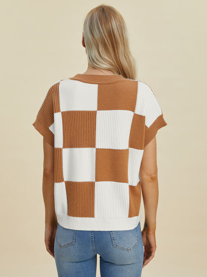 Double Take Full Size Checkered Round Neck Short Sleeve Sweater Shirt Apparel Clothing Tops Double Take Ship from USA Shirts USA Women Trendsi https://www.cyberehub.com