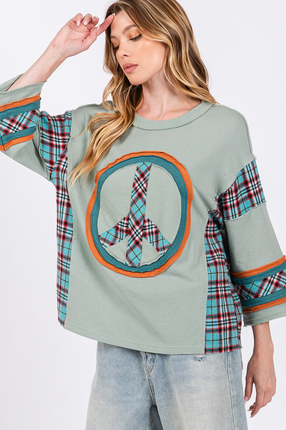 SAGE + FIG Peace Applique Patch Contrast Plaid Top Tops/Jackets/Sweaters Clothing Tops SAGE+FIG Ship from USA TikTok Trendsi USPS Walmart Trendsi https://www.cyberehub.com