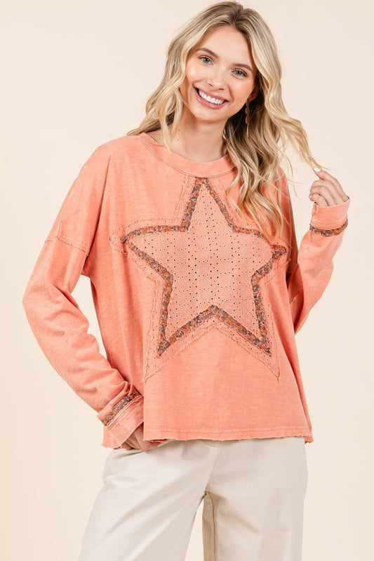 Mittoshop Mineral Wash Star Patch Long Sleeve T-Shirt Coral cream Tops/Jackets/Sweaters Clothing Tops Mittoshop Ship from USA TikTok Trendsi USPS Walmart Trendsi https://www.cyberehub.com