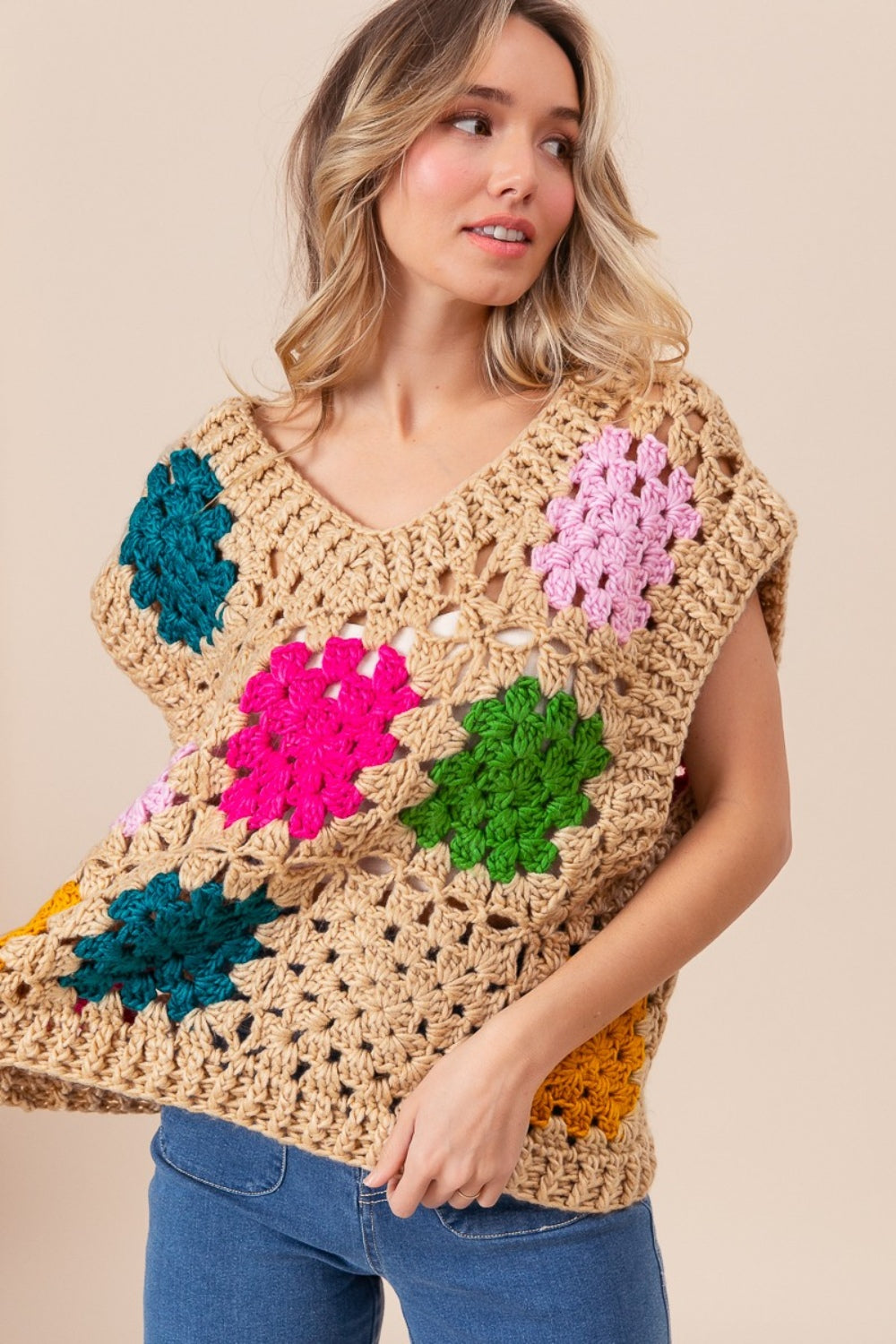 BiBi Granny Square Openwork Sweater Vest Shirt Apparel BiBi Clothing Tops Ship from USA Shirts USA Women Trendsi https://www.cyberehub.com