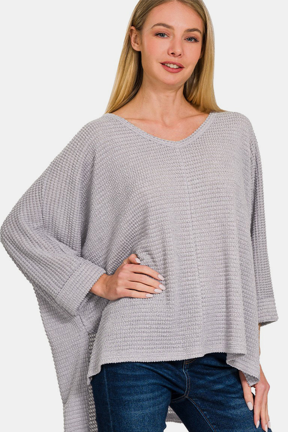 Zenana Waffle Knit V-Neck Long Sleeve Slit Top Grey Tops/Jackets/Sweaters Clothing Tops Ship from USA TikTok Trendsi USPS Walmart Zenana Trendsi https://www.cyberehub.com