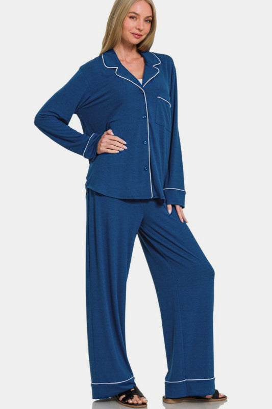 Zenana Button Down Long Sleeve Top and Pants Lounge Set Peacock Blue Apparel Apparel Ship from USA TikTok Trendsi Zenana Trendsi https://www.cyberehub.com