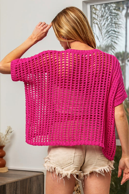 BiBi Round Neck Short Sleeve Openwork Knit Cover Up Shirt Apparel BiBi Clothing Tops Ship from USA Shirts USA Women Trendsi https://www.cyberehub.com