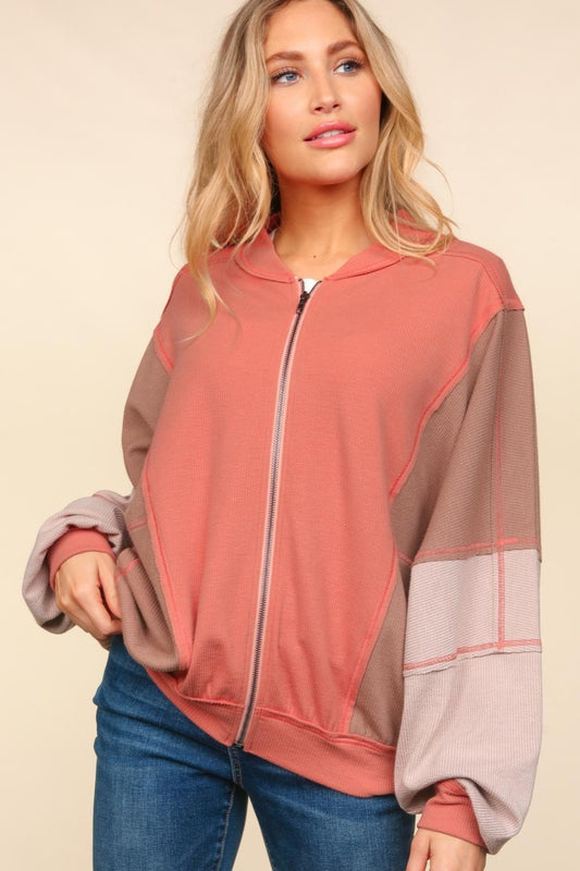 Haptics Zip Up Color Block Bomber Jacket with Side Pockets Sienna Camel Sand Shirt Apparel Clothing Tops Haptics Ship from USA Shirts USA Women Trendsi https://www.cyberehub.com