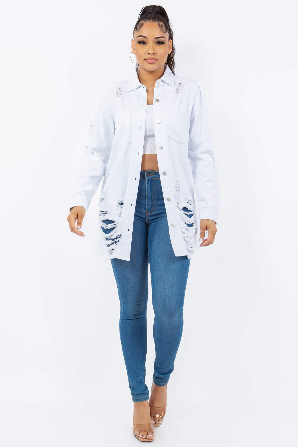 American Bazi Distressed Button Up Long Sleeve Denim Jacket Tops/Jackets/Sweaters American Bazi Clothing Tops Ship from USA TikTok Trendsi USPS Walmart Trendsi https://www.cyberehub.com