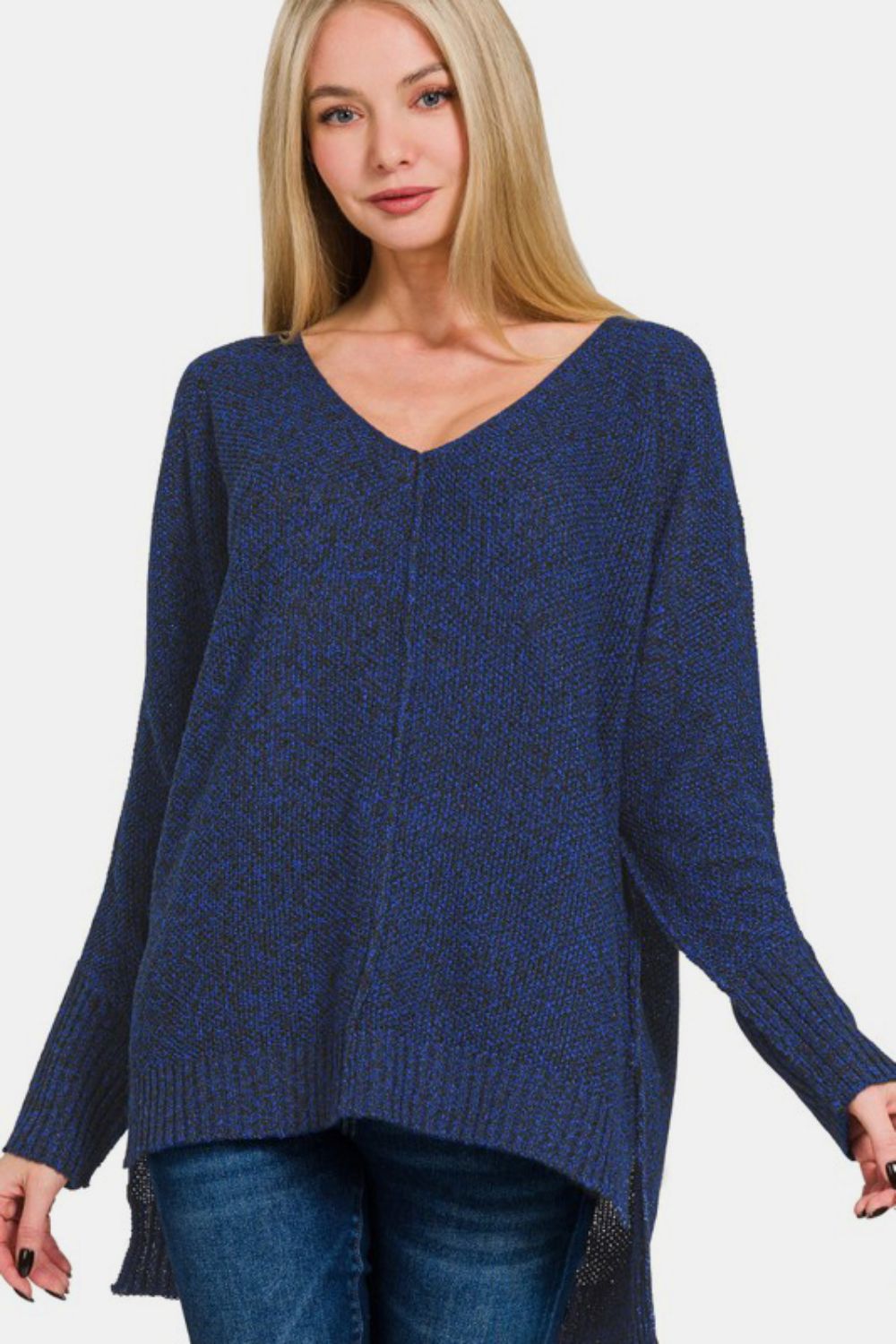 Zenana High-Low Center Seam V-Neck Sweater Dark Navy Apparel Apparel Ship from USA TikTok Trendsi Zenana Trendsi https://www.cyberehub.com