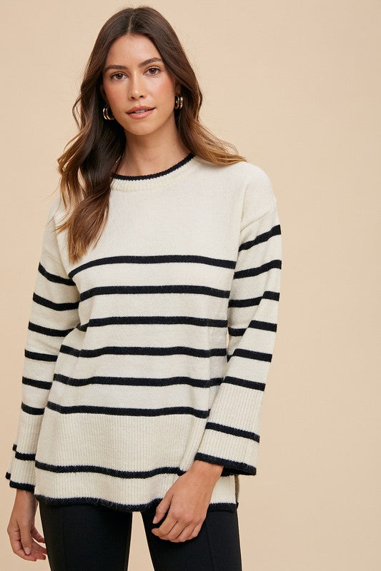 Annie Wear Side Slit Striped Round Neck Sweater Apparel Annie Wear Apparel Ship from USA TikTok Trendsi Trendsi https://www.cyberehub.com
