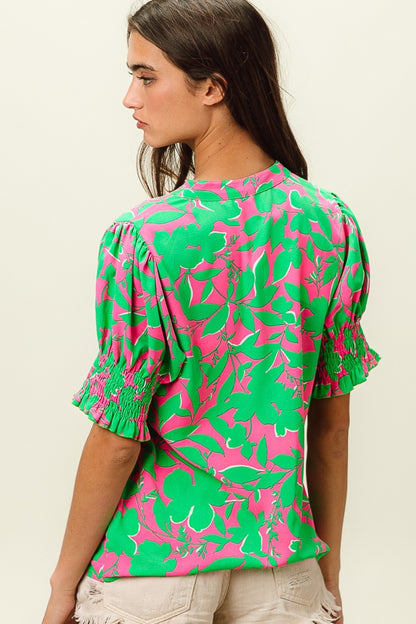 BiBi Smocked Cuff Floral Contrast Top Tops/Jackets/Sweaters BiBi Clothing Tops Ship from USA TikTok Trendsi USPS Walmart Trendsi https://www.cyberehub.com