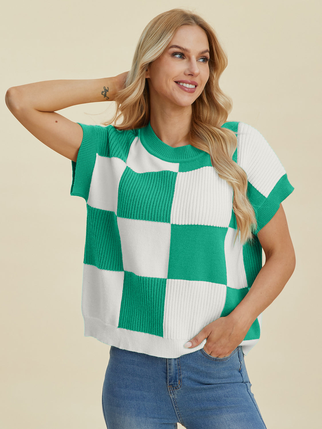 Double Take Full Size Checkered Round Neck Short Sleeve Sweater Shirt Apparel Clothing Tops Double Take Ship from USA Shirts USA Women Trendsi https://www.cyberehub.com