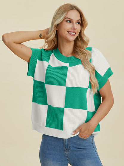 Double Take Full Size Checkered Round Neck Short Sleeve Sweater Shirt Apparel Clothing Tops Double Take Ship from USA Shirts USA Women Trendsi https://www.cyberehub.com