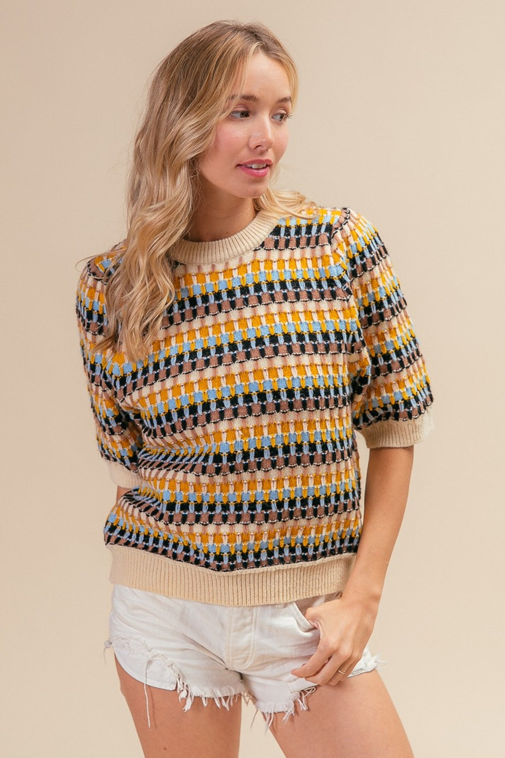 BiBi Multi Color Half Sleeve Sweater Shirt Apparel BiBi Clothing Tops Ship from USA Shirts USA Women Trendsi https://www.cyberehub.com