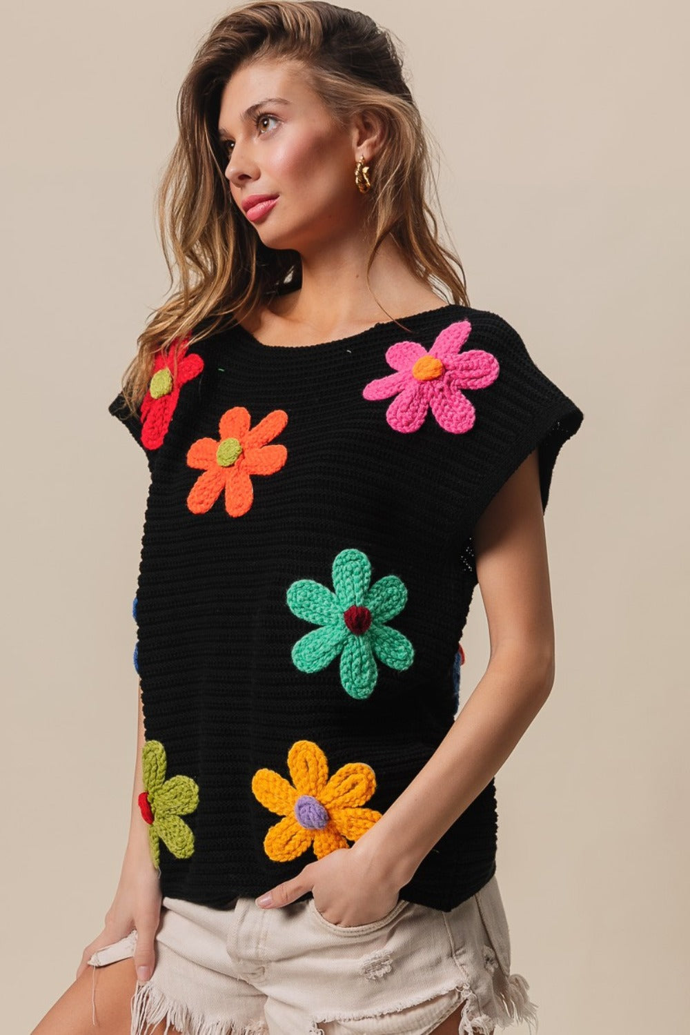 BiBi Flower Round Neck Cap Sleeve Knit Top Shirt Apparel BiBi Clothing Tops Ship from USA Shirts USA Women Trendsi https://www.cyberehub.com