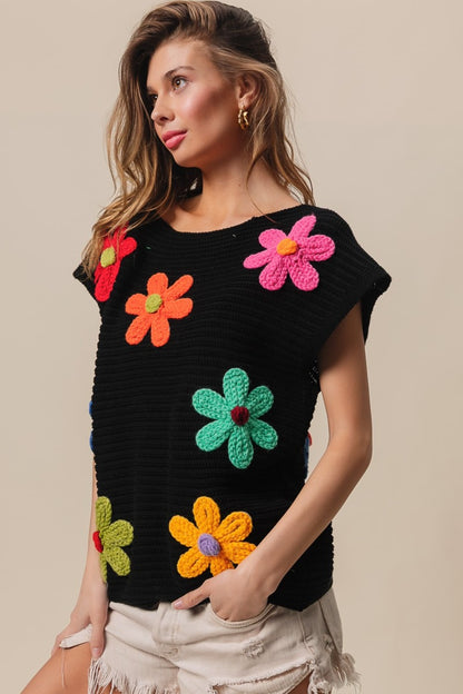 BiBi Flower Round Neck Cap Sleeve Knit Top Shirt Apparel BiBi Clothing Tops Ship from USA Shirts USA Women Trendsi https://www.cyberehub.com