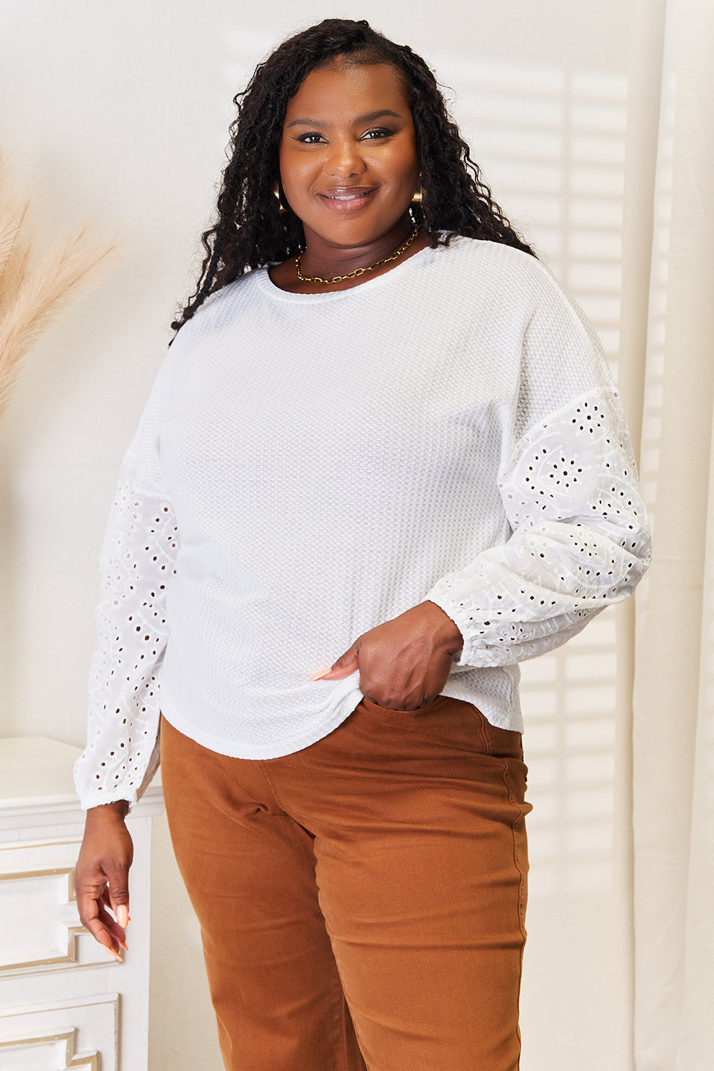 Shiny Eyelet Dropped Shoulder Round Neck Blouse Apparel/Tops Doorbusters Shiny Ship from USA TikTok Tops Trendsi USPS Walmart Walmart Apparel Trendsi https://www.cyberehub.com