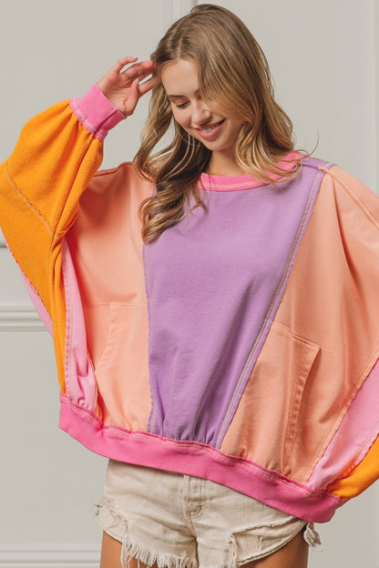 BiBi Color Block Exposed Seam Sweatshirt with Pockets Tops/Jackets/Sweaters BiBi Clothing Tops Ship from USA TikTok Trendsi USPS Walmart Trendsi https://www.cyberehub.com