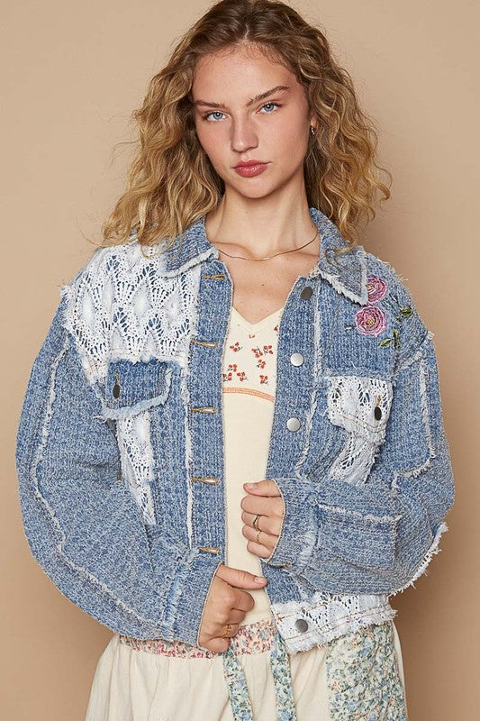 POL Crochet Patch Embroidered Button Up Jacket Dusty Blue Apparel Apparel POL Ship from USA TikTok Trendsi Trendsi https://www.cyberehub.com