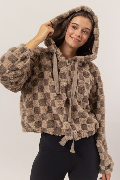 HYFVE Zip Up Sherpa Checkered Hooded Jacket Mocha Shirt Apparel Clothing Tops HYFVE Ship from USA Shirts USA Women Trendsi https://www.cyberehub.com