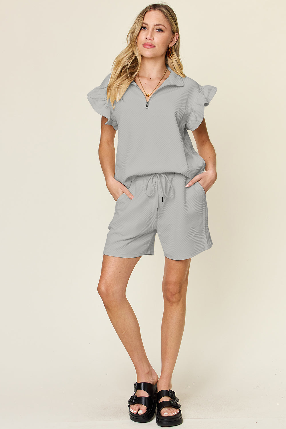 Double Take Full Size Texture Flounce Sleeve Top and Drawstring Shorts Set Apparel/Tops Double Take Memorial Day Sale Ship from USA TikTok Tops Trendsi USPS Walmart Walmart Apparel Trendsi https://www.cyberehub.com